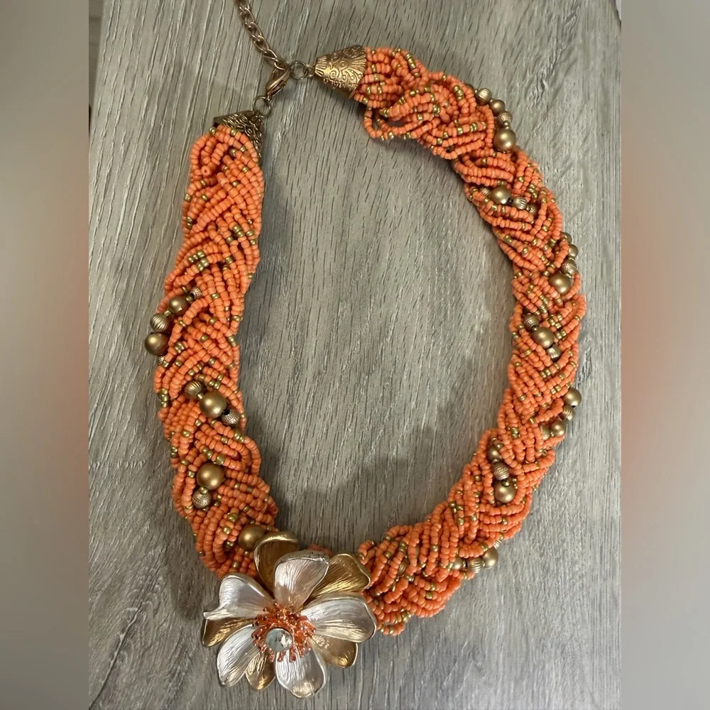 #764 Orange Beaded Statement Flower Necklace | Signed ✴️ Chunky Funky‎ & Bold ✴️